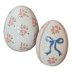Floral Ceramic Easter Egg Set 2pc Spring Decor Pink Blue Bow Cottagecore NWT